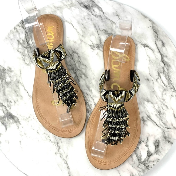 Sam Edelman Shoes - Sam Edelman Anella Beaded Fringe Flip Flops 7.5 Geometric Bohemian Western Artsy